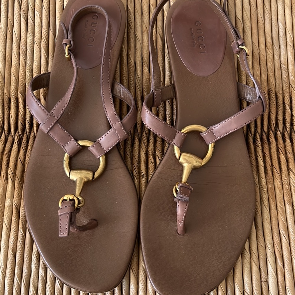 Gucci Brown Sandals with Gold Accents
